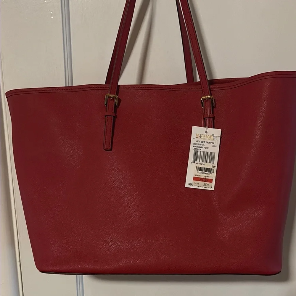 NWT Michael Kors Red Saffiano Leather Tote with Gold Accents - Picture 3 of 5